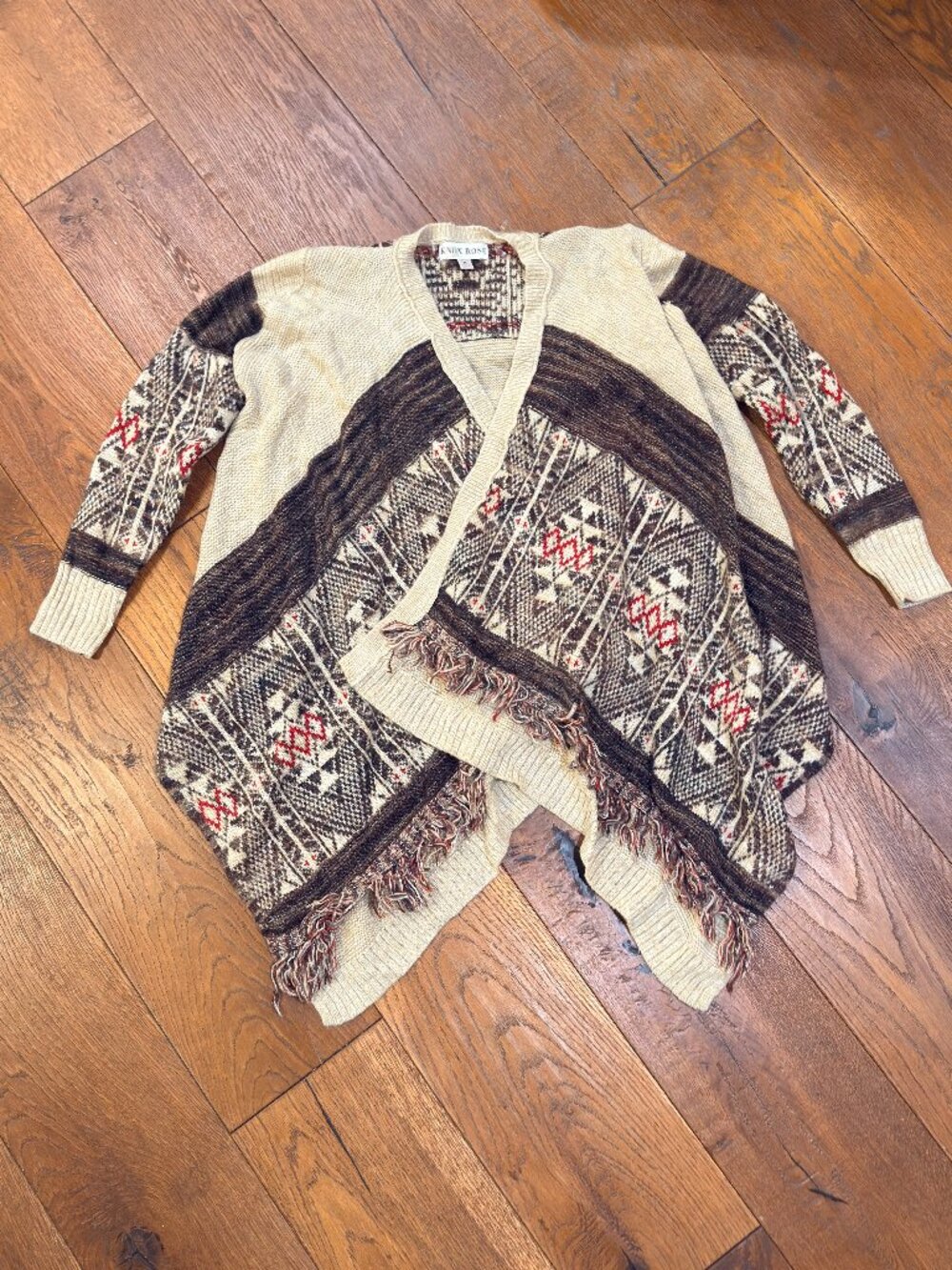 Knox Rose Geometric Fringe Cardigan Sweater M Medium Brown Beige Red Boho